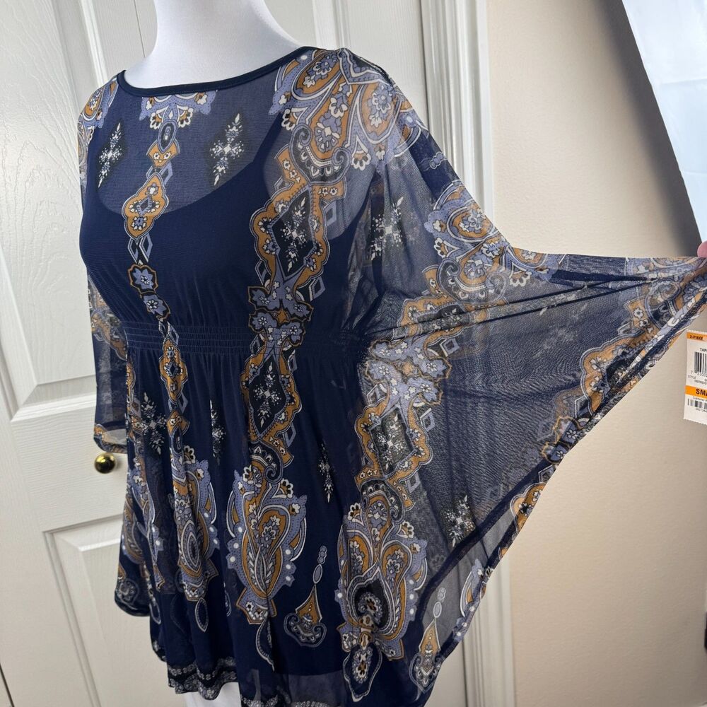 INC International Concepts S Blue Mesh Tunic Top NWT 2 Pc Lined Batwing Boho - Picture 9 of 16